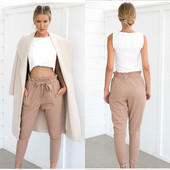 Модерен дамски панталон с висока талия и връзки в бежов цвят