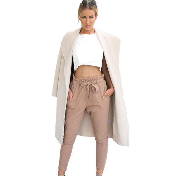 Модерен дамски панталон с висока талия и връзки в бежов цвят 