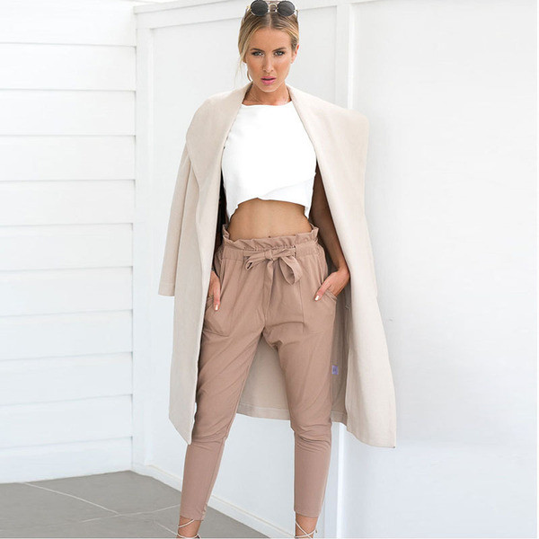 Модерен дамски панталон с висока талия и връзки в бежов цвят 