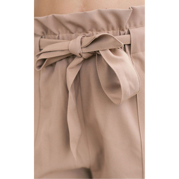 Модерен дамски панталон с висока талия и връзки в бежов цвят 