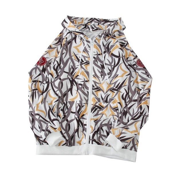 Női alkalmi pulóver kapucnival és színes mintával fehér és piros színben