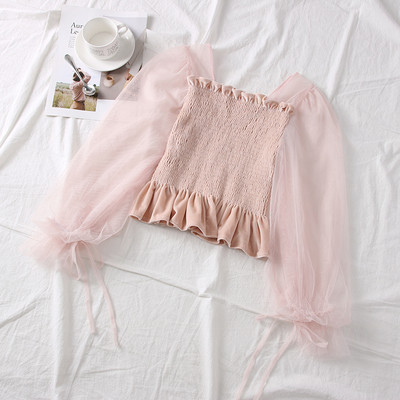 Bluză de damă modernă cu mâneci din tul și decolteu pătrat în trei culori