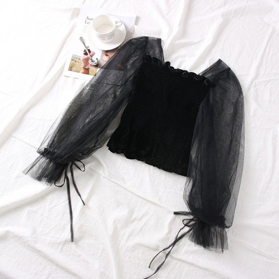 Bluză de damă modernă cu mâneci din tul și decolteu pătrat în trei culori