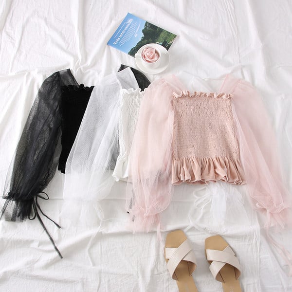 Bluză de damă modernă cu mâneci din tul și decolteu pătrat în trei culori