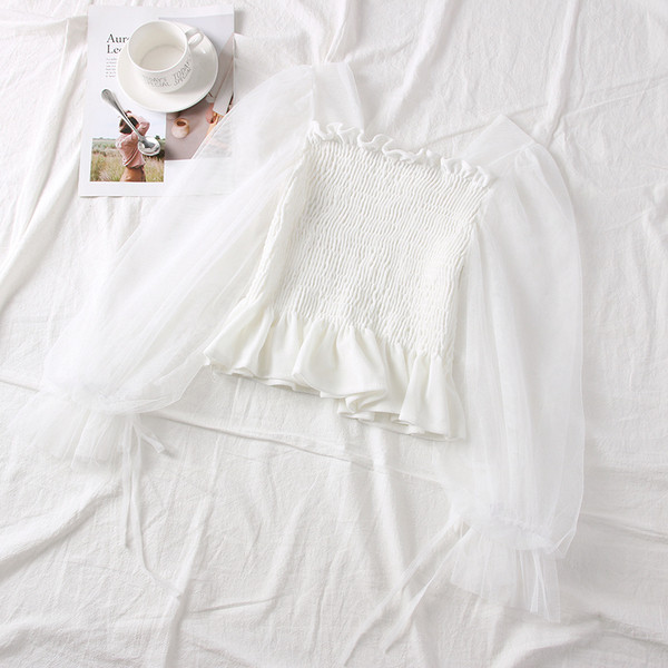 Bluză de damă modernă cu mâneci din tul și decolteu pătrat în trei culori