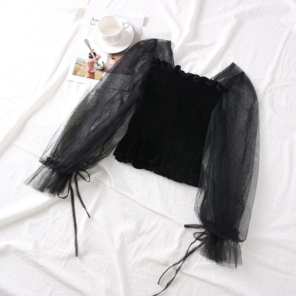 Bluză de damă modernă cu mâneci din tul și decolteu pătrat în trei culori