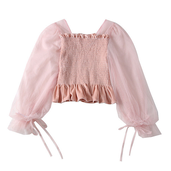 Bluză de damă modernă cu mâneci din tul și decolteu pătrat în trei culori