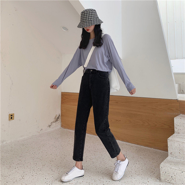 Blugi de dama de culoare inchisa cu talie inalta - model drept