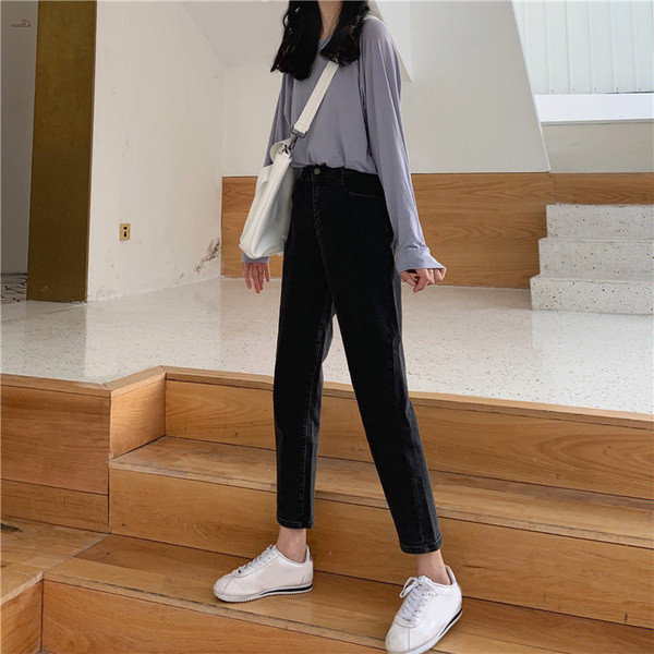 Blugi de dama de culoare inchisa cu talie inalta - model drept