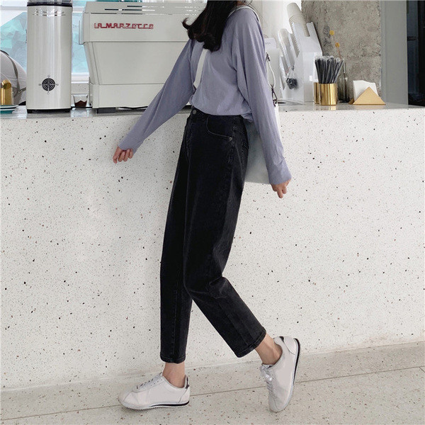 Blugi de dama de culoare inchisa cu talie inalta - model drept