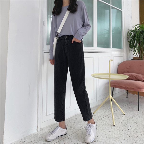 Blugi de dama de culoare inchisa cu talie inalta - model drept