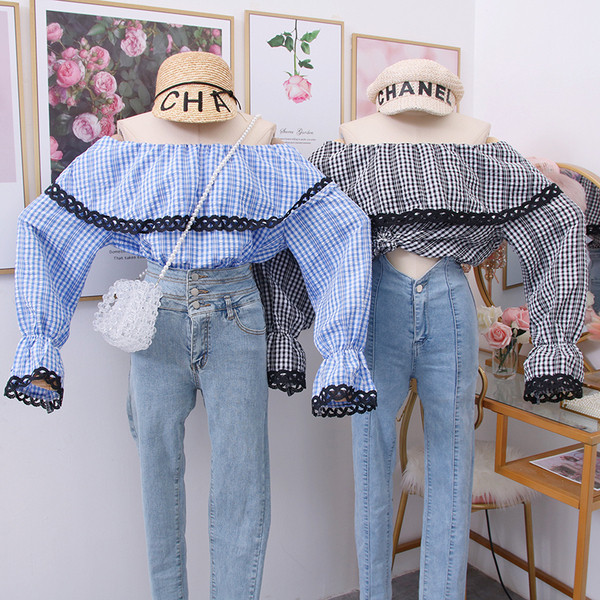 Modern női kockás ing csónakos nyakkivágással, kék, piros és fekete színekben