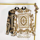 Női ing fehér és fekete színben, színes mintával - klasszikus modell