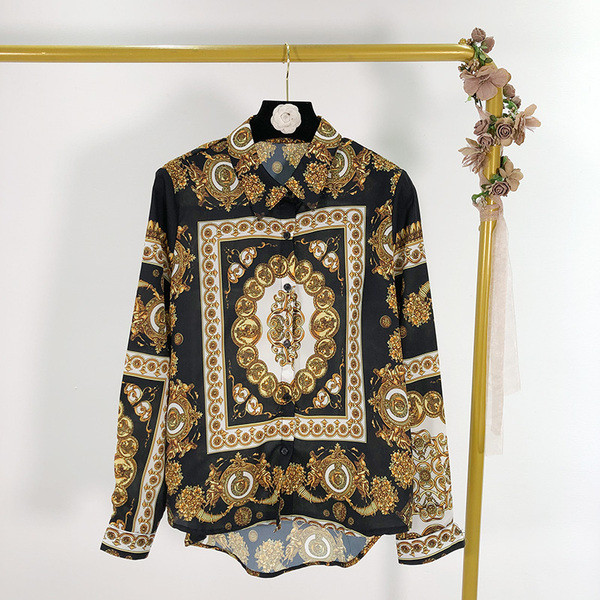 Női ing fehér és fekete színben, színes mintával - klasszikus modell