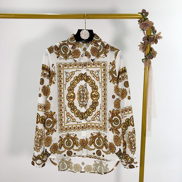 Női ing fehér és fekete színben, színes mintával - klasszikus modell