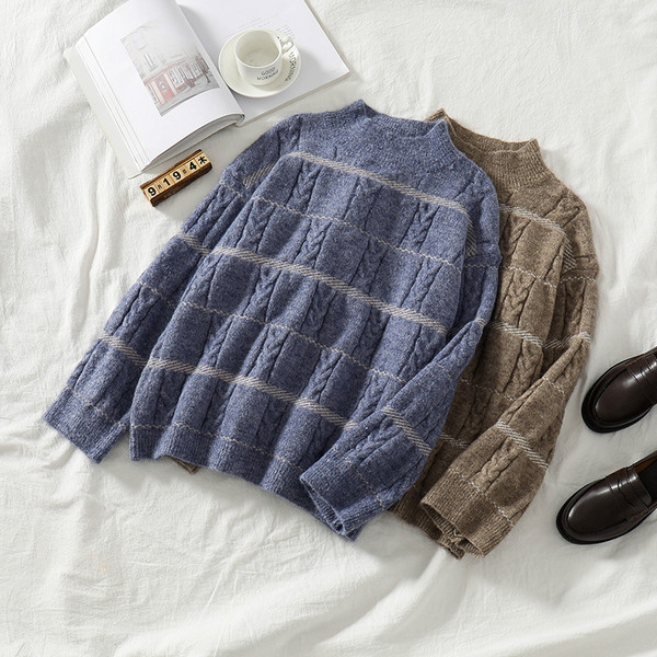 Női pulóver O-nyakú barna és kék színben