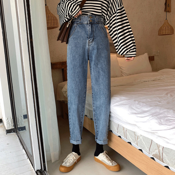 Női farmer egyenes modell magas derékkal, kék színben