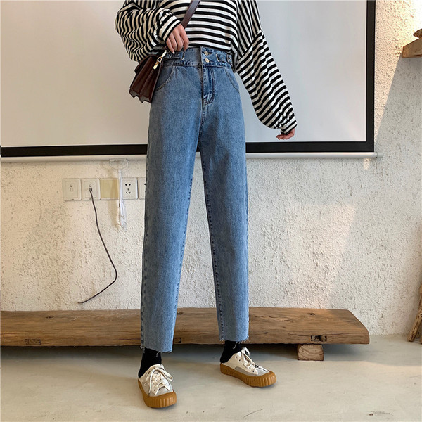 Női farmer egyenes modell magas derékkal, kék színben