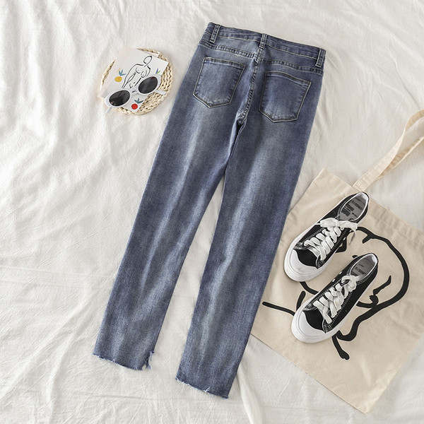 Női hosszú farmer szakadt motívummal, magas derékkal, kék színben