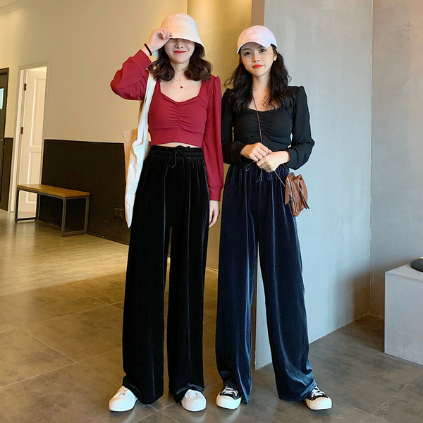 Pantaloni casual de dama in albastru si negru cu talie elastica