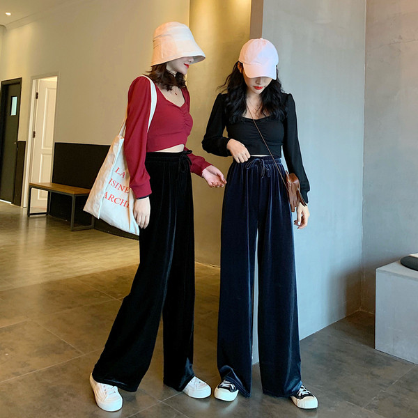 Pantaloni casual de dama in albastru si negru cu talie elastica