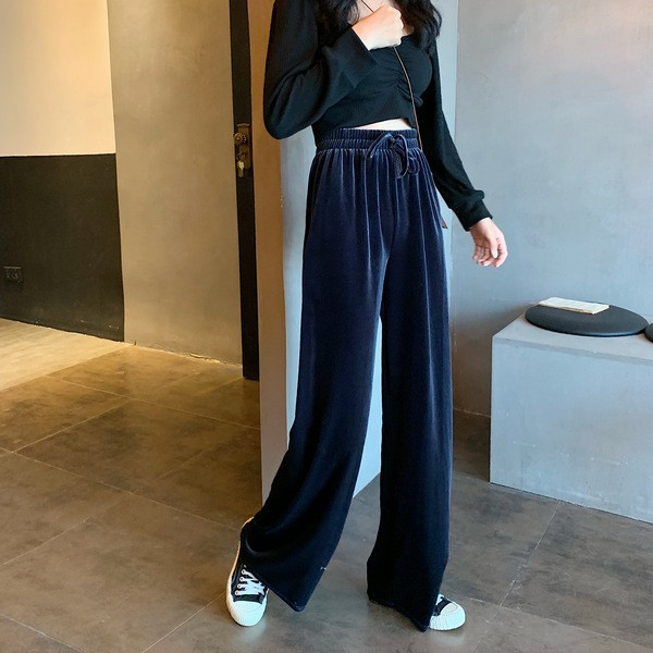 Pantaloni casual de dama in albastru si negru cu talie elastica