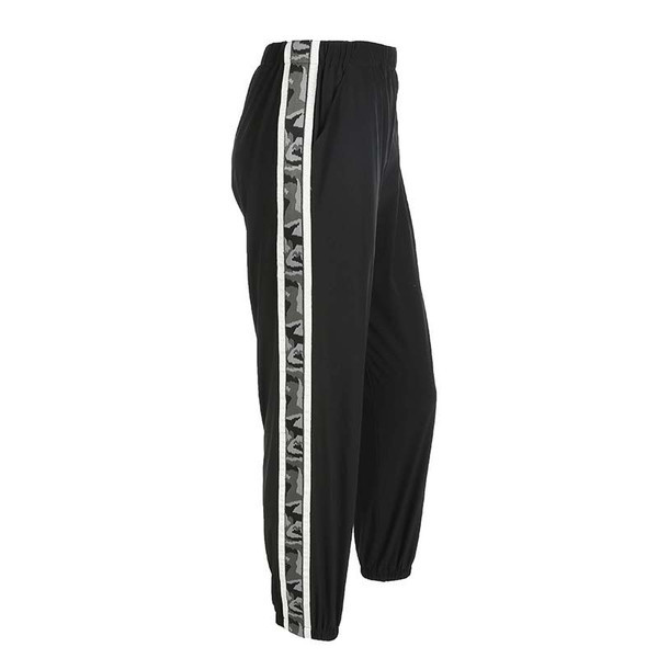 Divatos női nadrág fehér szegéllyel, magas derékkal, fekete színben