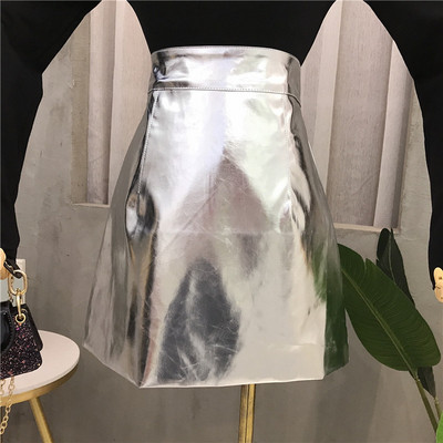 Fusta de dama moderna cu talie inalta in auriu si argintiu