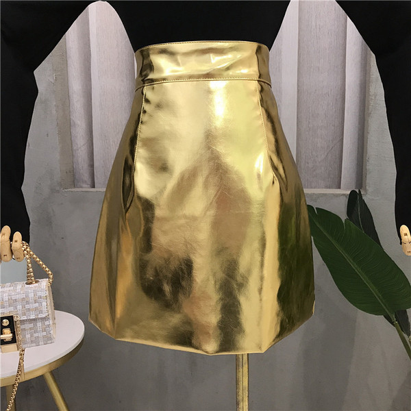 Fusta de dama moderna cu talie inalta in auriu si argintiu