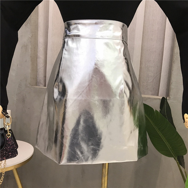 Fusta de dama moderna cu talie inalta in auriu si argintiu