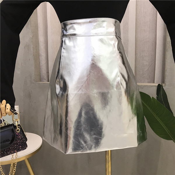 Fusta de dama moderna cu talie inalta in auriu si argintiu