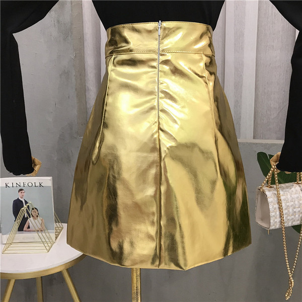 Fusta de dama moderna cu talie inalta in auriu si argintiu