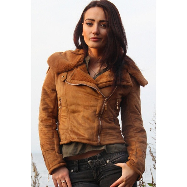 Jachetă modernă de damă cu căptușeală moale și fermoar lateral de culoare maro