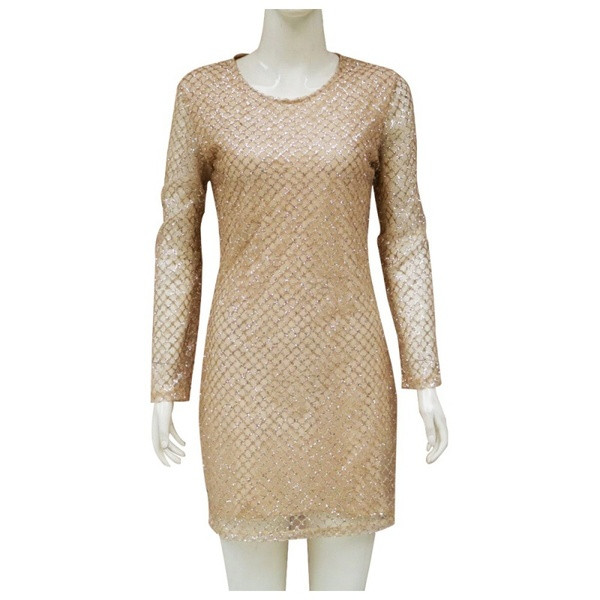 Elegáns női ruha O-nyakú és hosszú ujjú arany színű