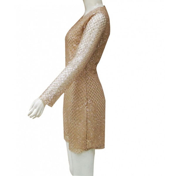 Elegáns női ruha O-nyakú és hosszú ujjú arany színű