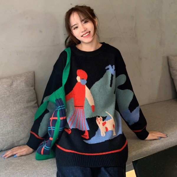 Pulover larg de dama in negru si bej