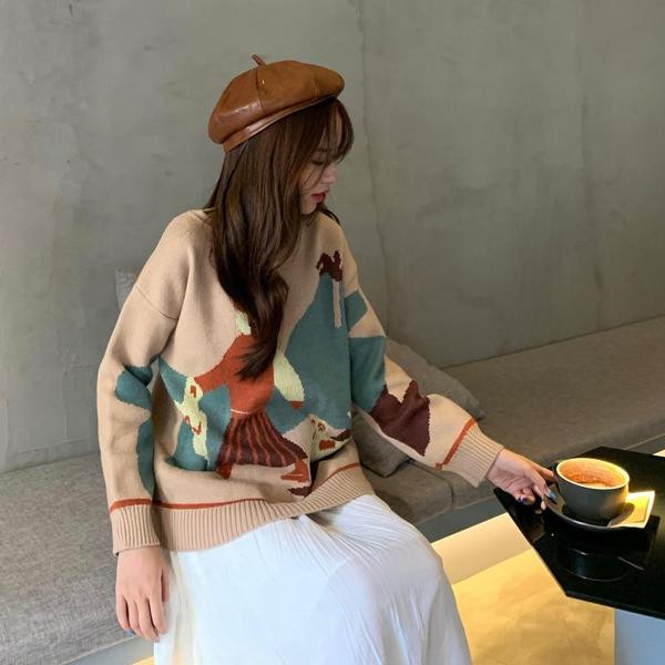 Pulover larg de dama in negru si bej