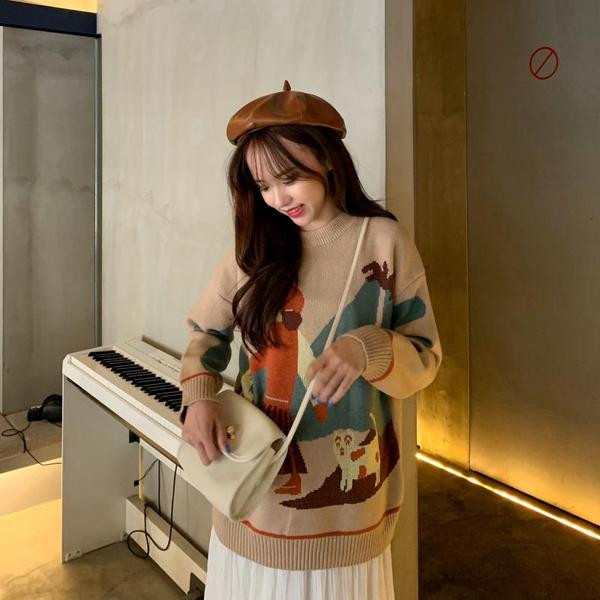 Pulover larg de dama in negru si bej