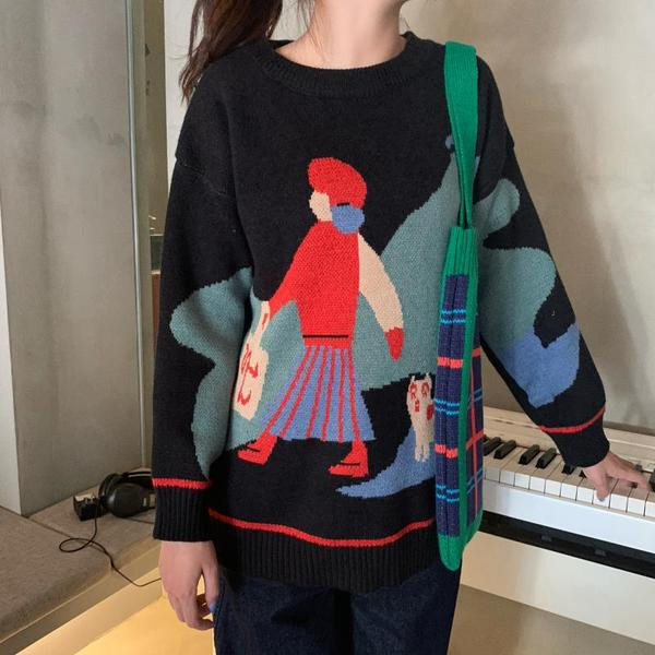 Pulover larg de dama in negru si bej