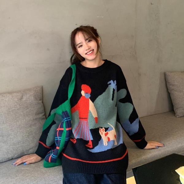 Pulover larg de dama in negru si bej