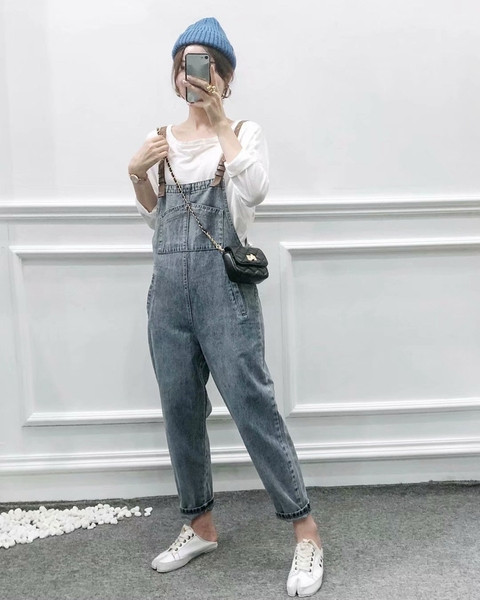 Hosszú farmer overall, kék színben, barna pánttal