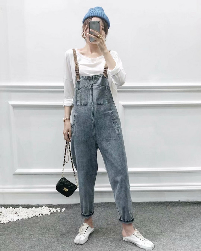 Hosszú farmer overall, kék színben, barna pánttal