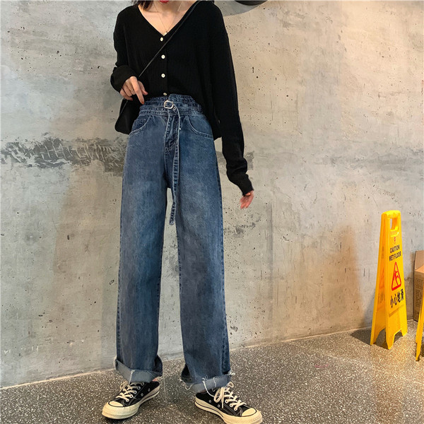 Női farmer magas derékkal és övvel kék színben