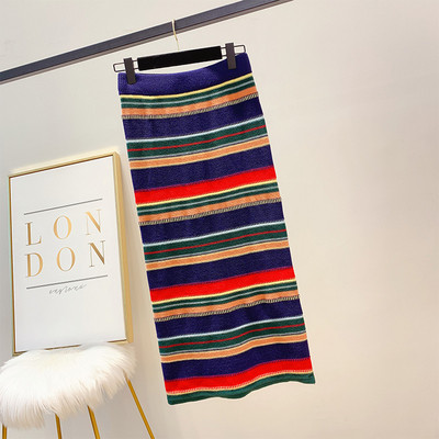 Fusta de dama in dungi cu talie inalta in doua culori