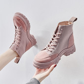 Cizme de toamna de dama din piele intoarsa cu talpa aspra in roz, bej si negru