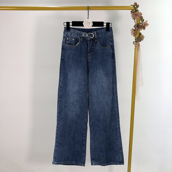 Blugi lungi de dama de culoare inchisa cu curea - model lat