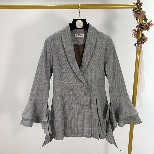 Jachetă lungă în carouri de damă cu mâneci lotus 7/8