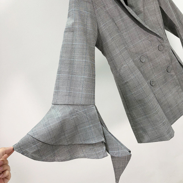 Jachetă lungă în carouri de damă cu mâneci lotus 7/8