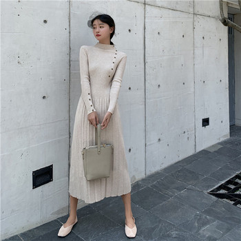 Γυναικείο φόρεμα με ψηλό κολάρο και μακρύ μανίκι σε δύο χρώματα