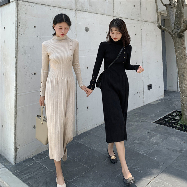 Γυναικείο φόρεμα με ψηλό κολάρο και μακρύ μανίκι σε δύο χρώματα